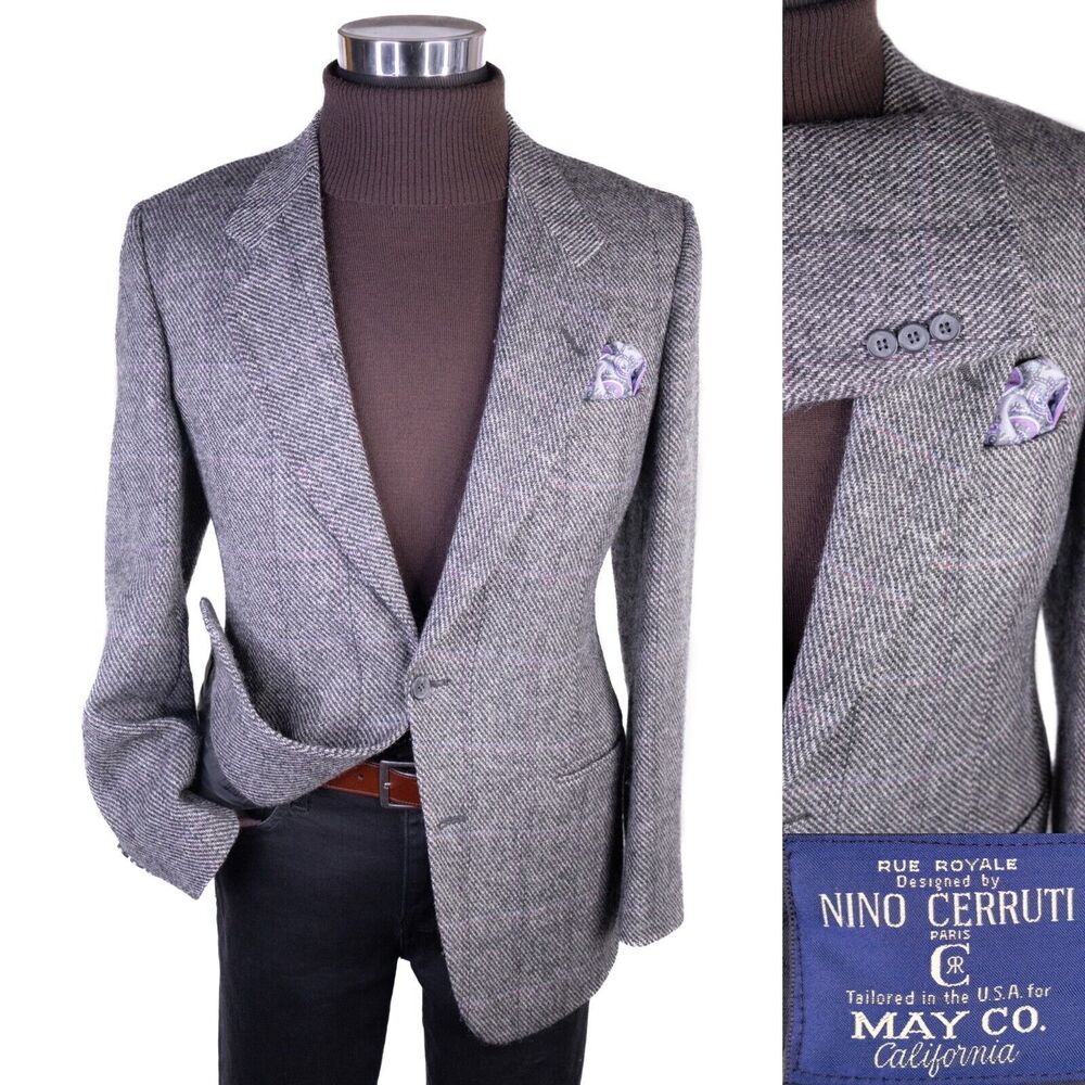 Nino Cerruti Paris Blazer Men 40R Gray Windowpane Gray Sport Coat Jacket 2-Buttn
